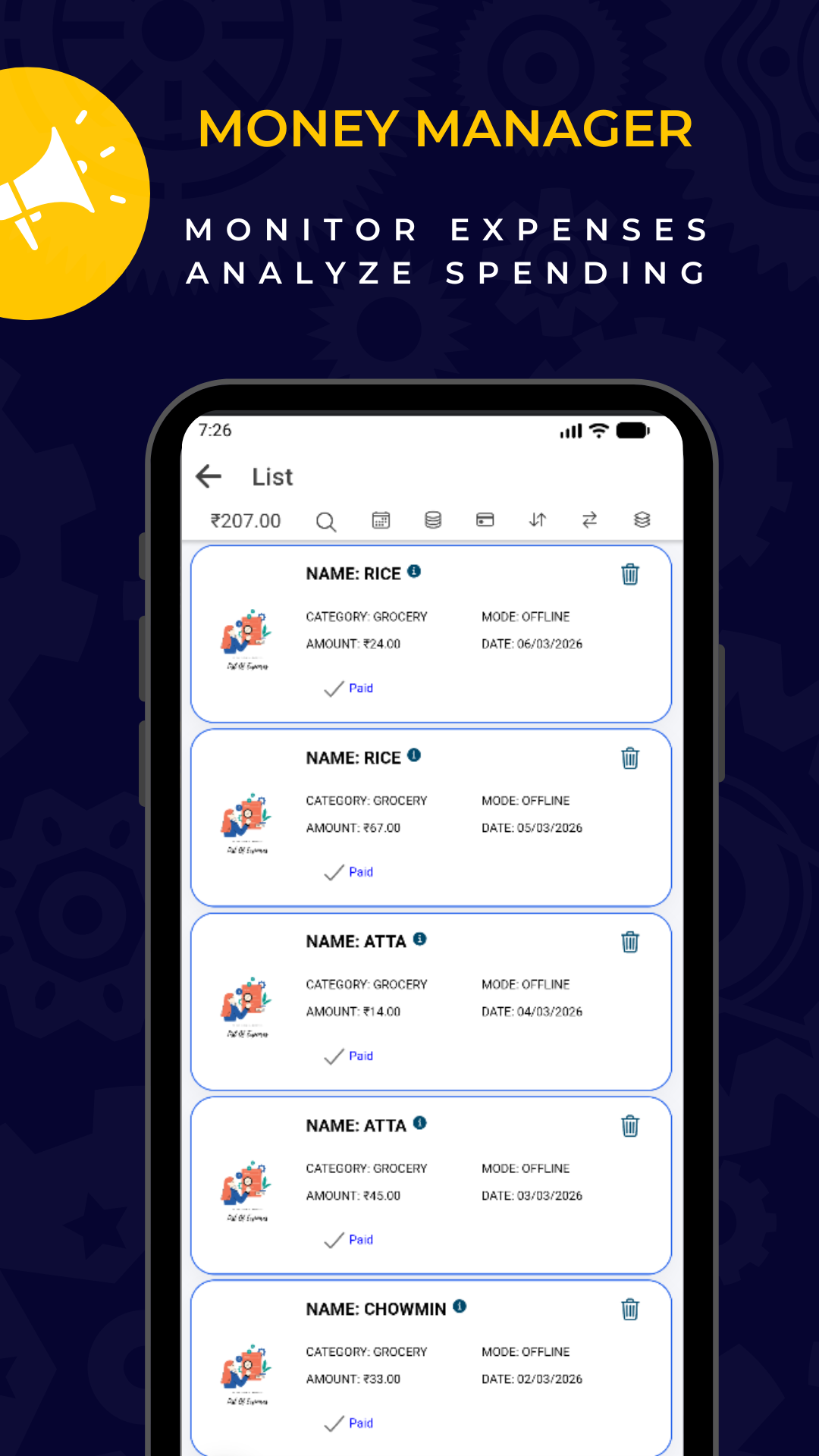 Daily expense tracker app interface